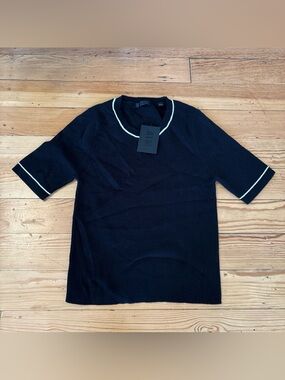 ATM Womens Ribbed Short Sleeves Sweater Black White Cotton/Cashmere Size Medium